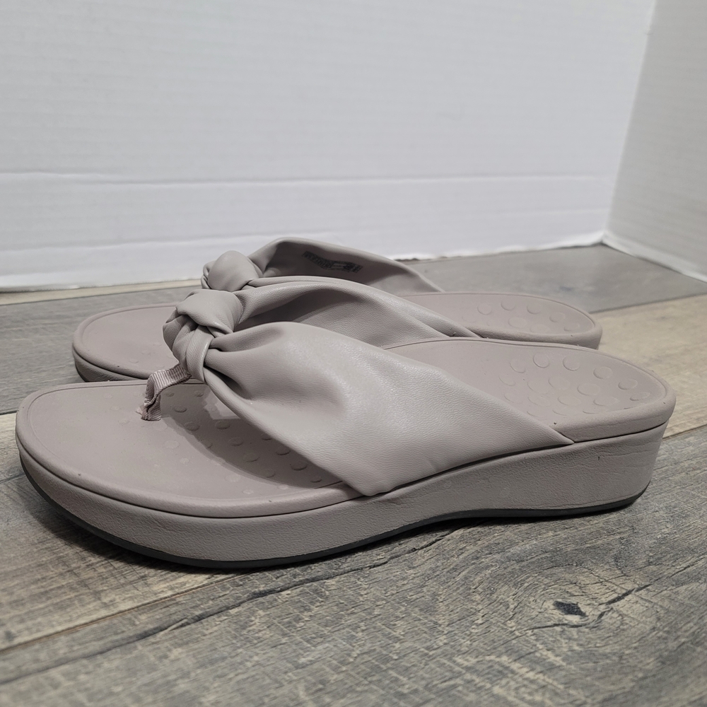 Vionic Rosalind Knotted Thong Leather Platform Wedge Sandals Gray Slides Sz 9